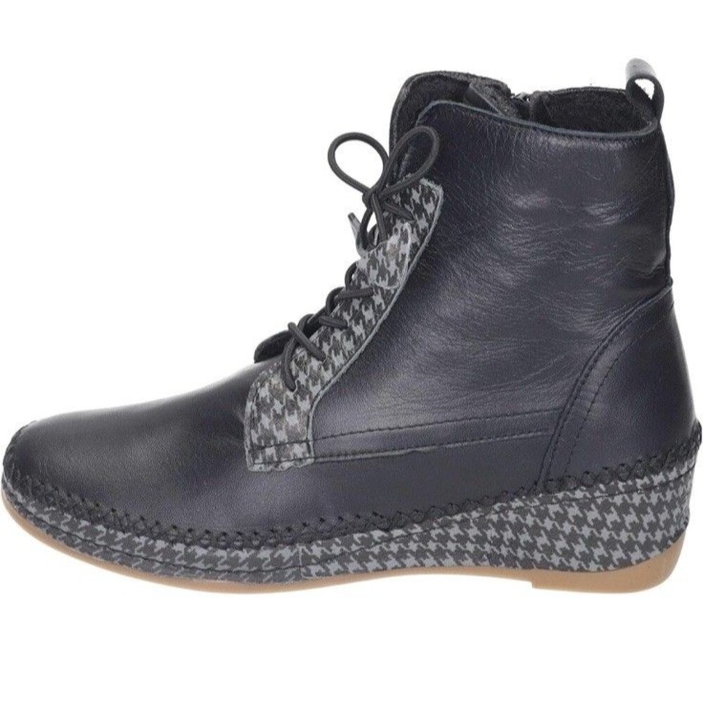 Anesha Women’s Black Leather Ankle Boots Houndstooth Wedge Zip US 9 EU 40